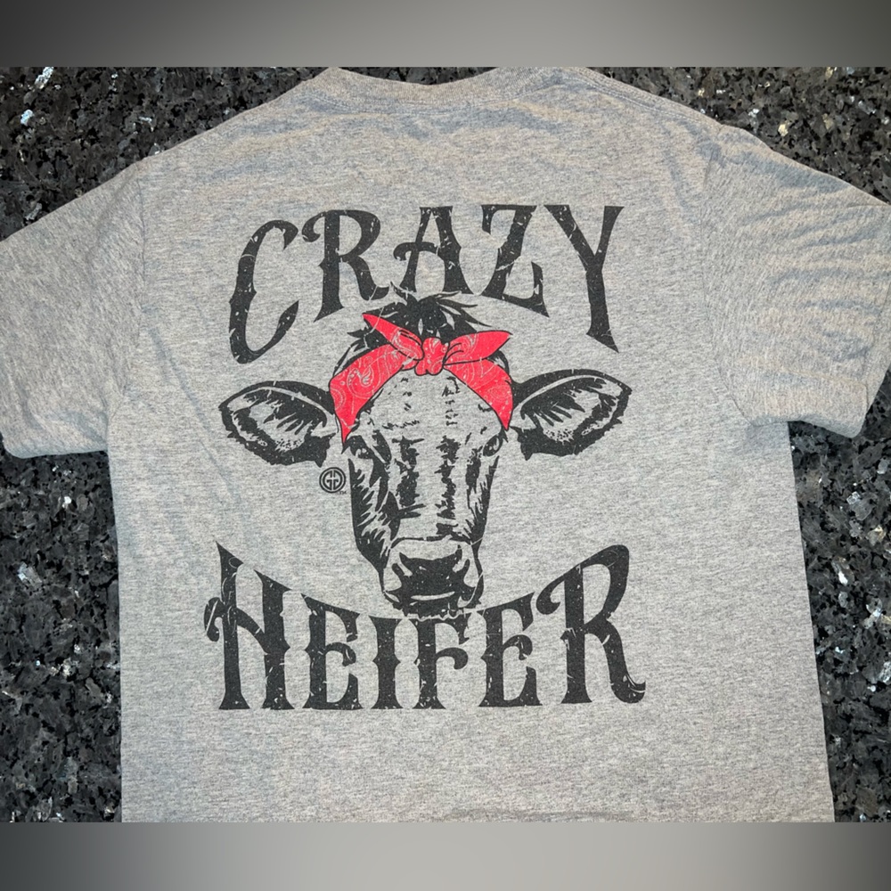 Girlie Girl Original “Crazy Heifer” Grey Short Sleeve Graphic T-Shirt - Picture 5 of 7